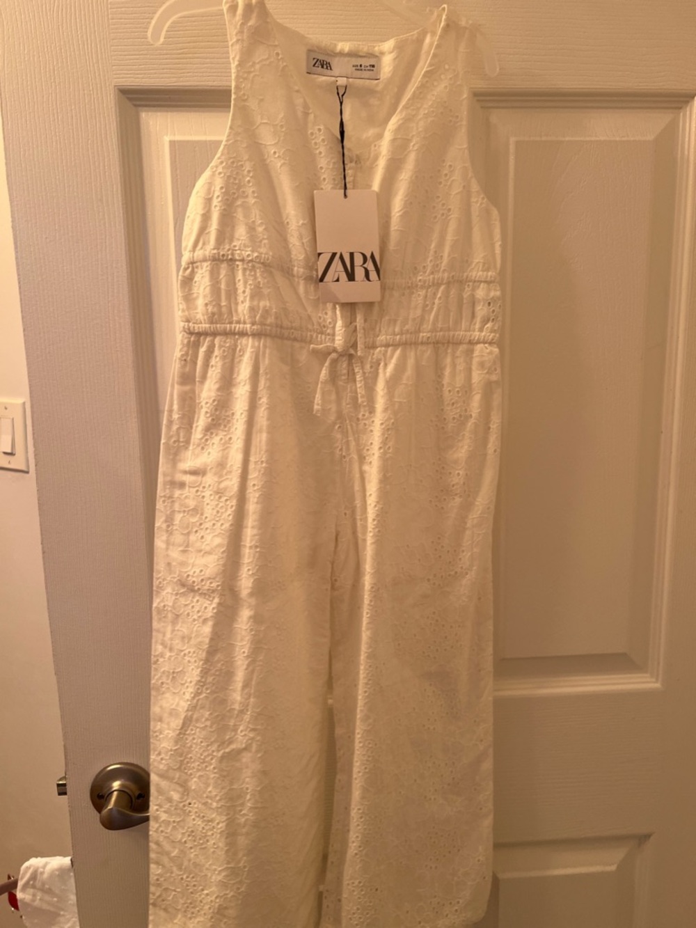ZARA Cream Eyelet Sleeveless Jumpsuit with Drawstring Waist